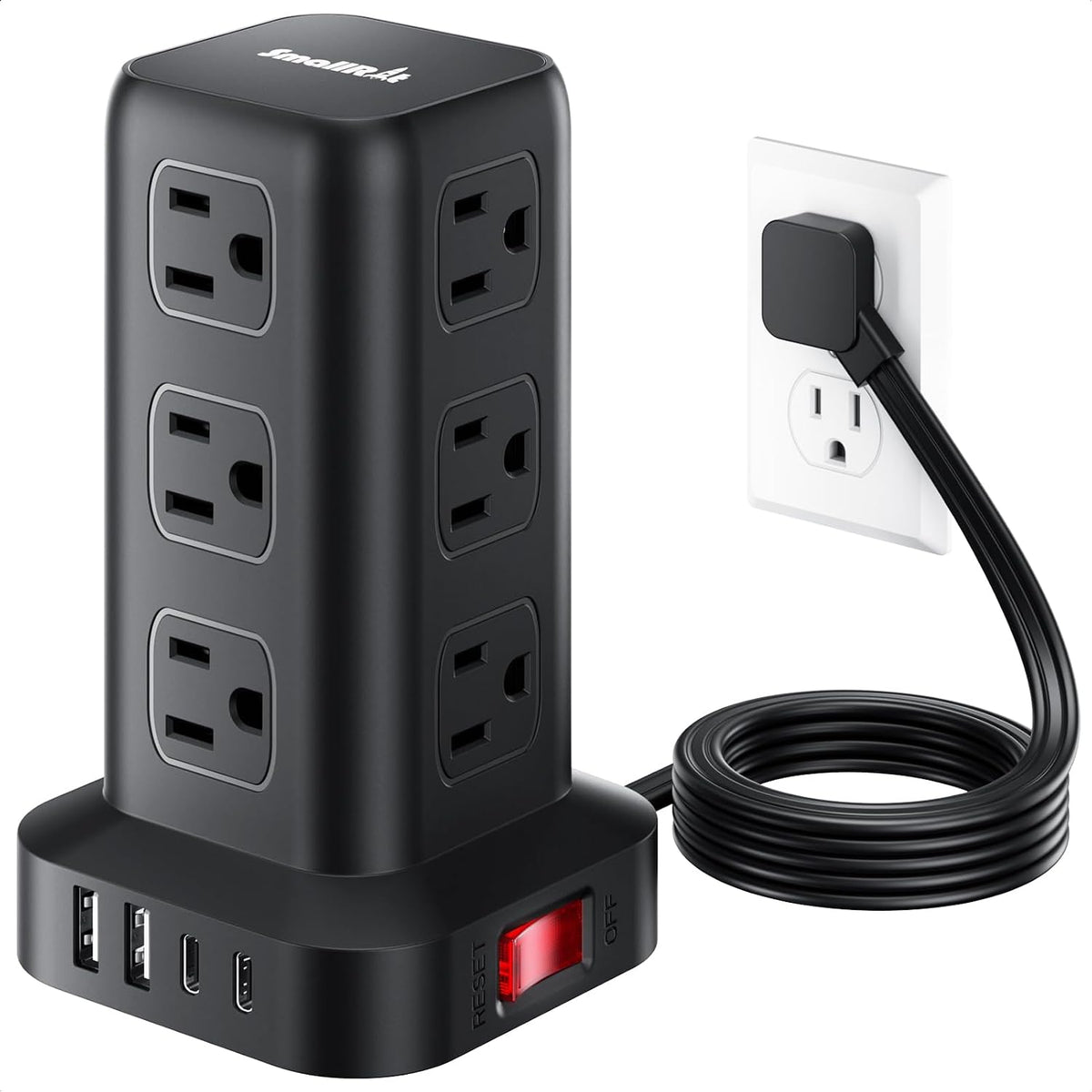 SMALLRT - Cable de extensión con múltiples tomas, torre de regleta de alimentación de enchufe plano con USB 12 salidas de CA, extensor de salida de cable de extensión ultrafino de 6.5 pies para