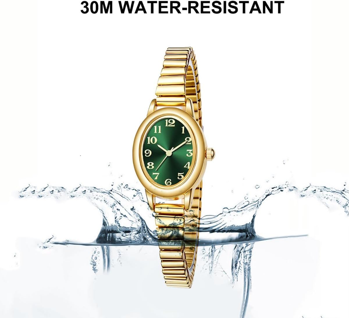 ADSBIAOYE Relojes pequeños de oro para mujer, números arábigos, fácil de leer, reloj analógico con banda de expansión de acero inoxidable, resistente al agua