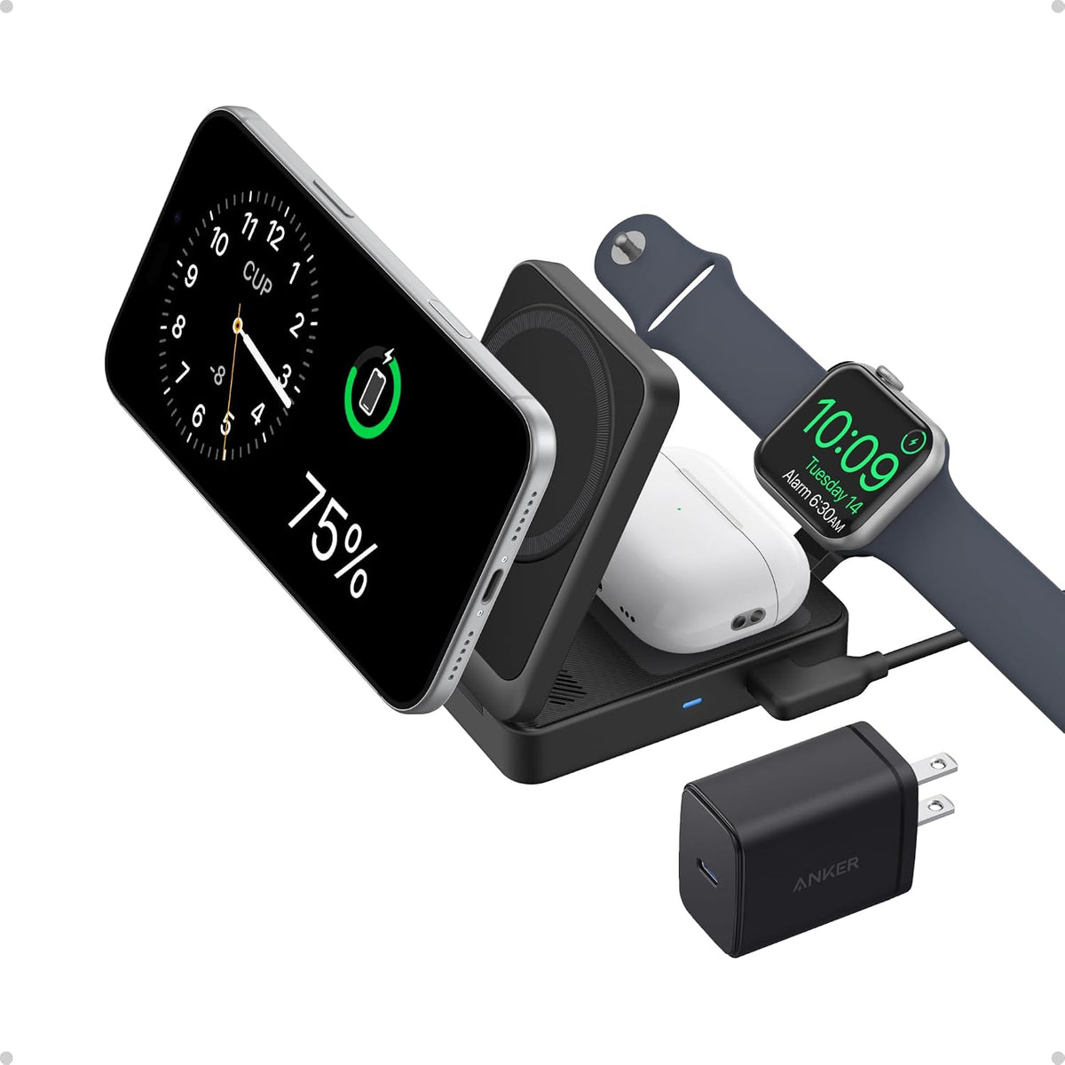 Anker MagGo - Estación de carga plegable Qi2 de 15 W compatible con MagSafe 3 en 1