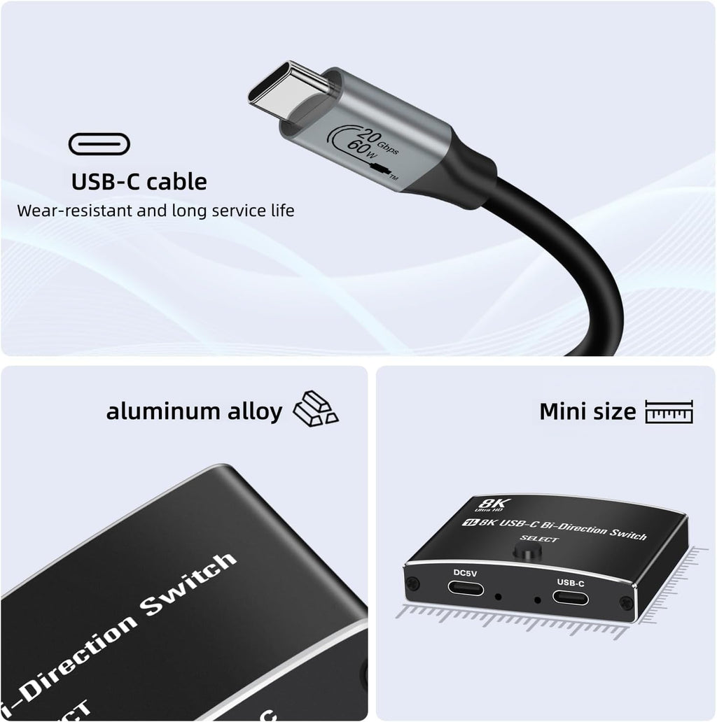 Interruptor USB C de 40 Gbps para 2 computadoras, Conmutador USBC,2 cables