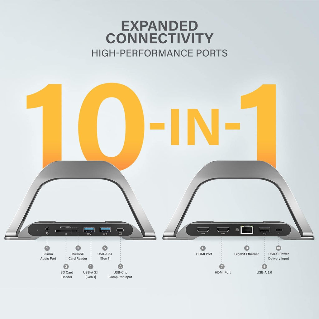 ALOGIC 10 en 1 USB-C Dual Monitor Dock con 2 HDMI, 3 puertos USB, lector de tarjetas SD y microSD, entrega de energía de 100 W, Gigabit Ethernet y conector de audio de 0.138 in