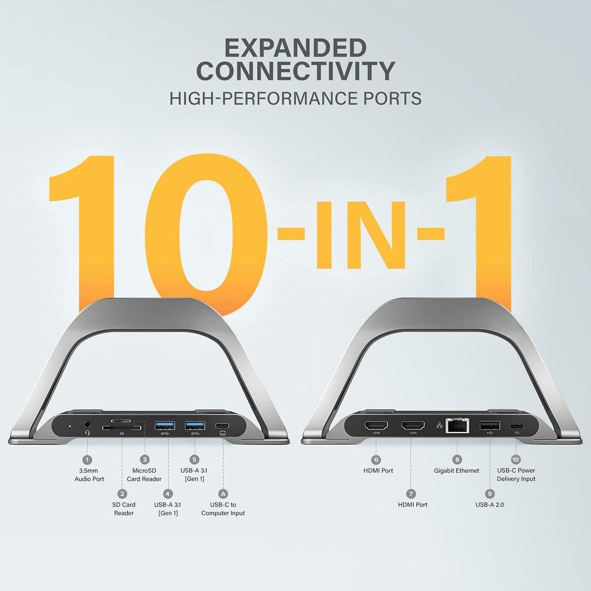 ALOGIC 10 en 1 USB-C Dual Monitor Dock con 2 HDMI, 3 puertos USB, lector de tarjetas SD y microSD, entrega de energía de 100 W, Gigabit Ethernet y conector de audio de 0.138 in