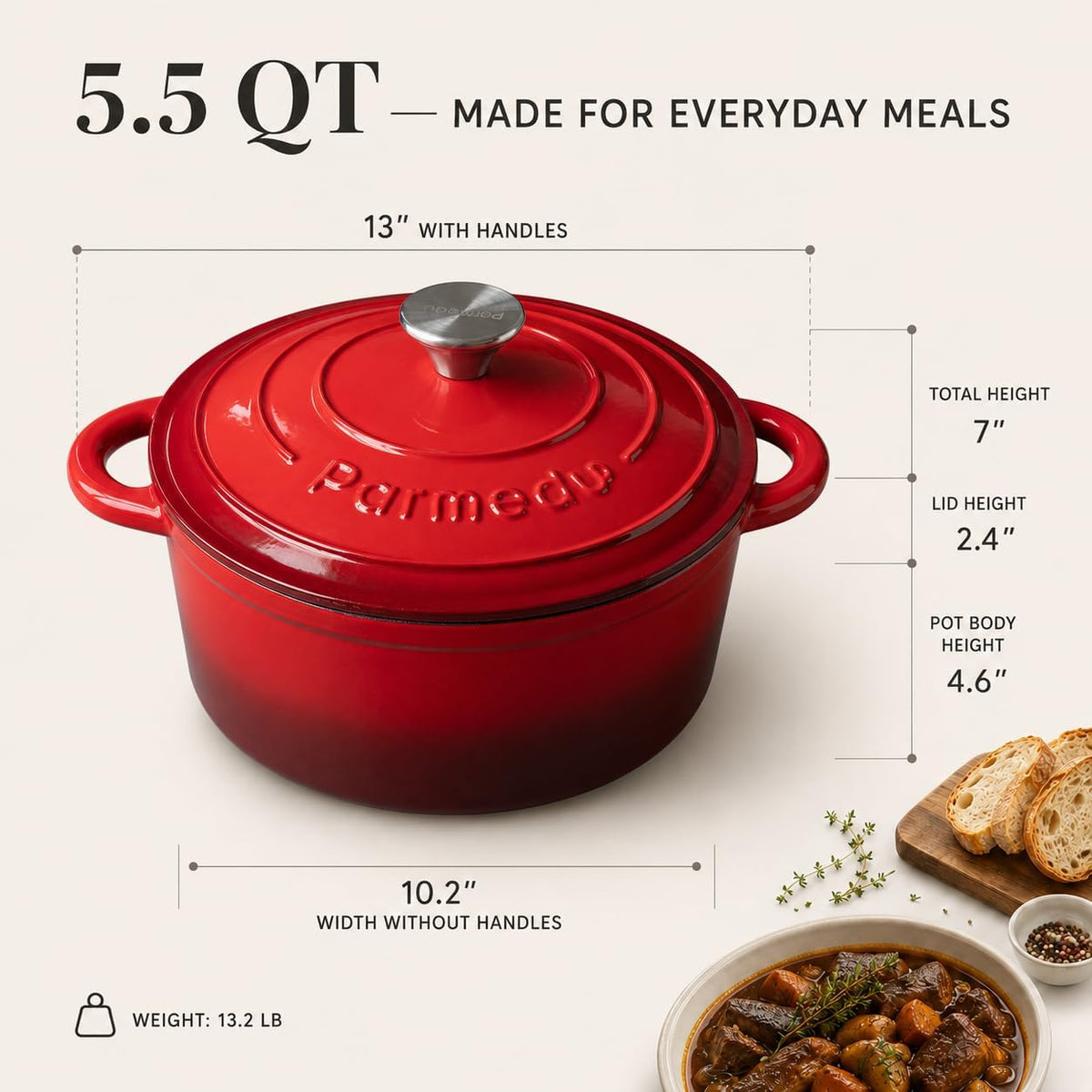 Horno holandés de hierro fundido esmaltado de 5.5QT para pan de