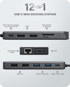 ALOGIC USB-C 12-en-1 Mini Docking Station, Dual Display, 2xHDMI, 1xVGA, 100W PD, 2xUSB-C, 2xUSB- 2.0, 2xUSB- 3.0, RJ45, 1x SD/TF puerto, MacBook/Surface & Other USB-C dispositivos Compatible.