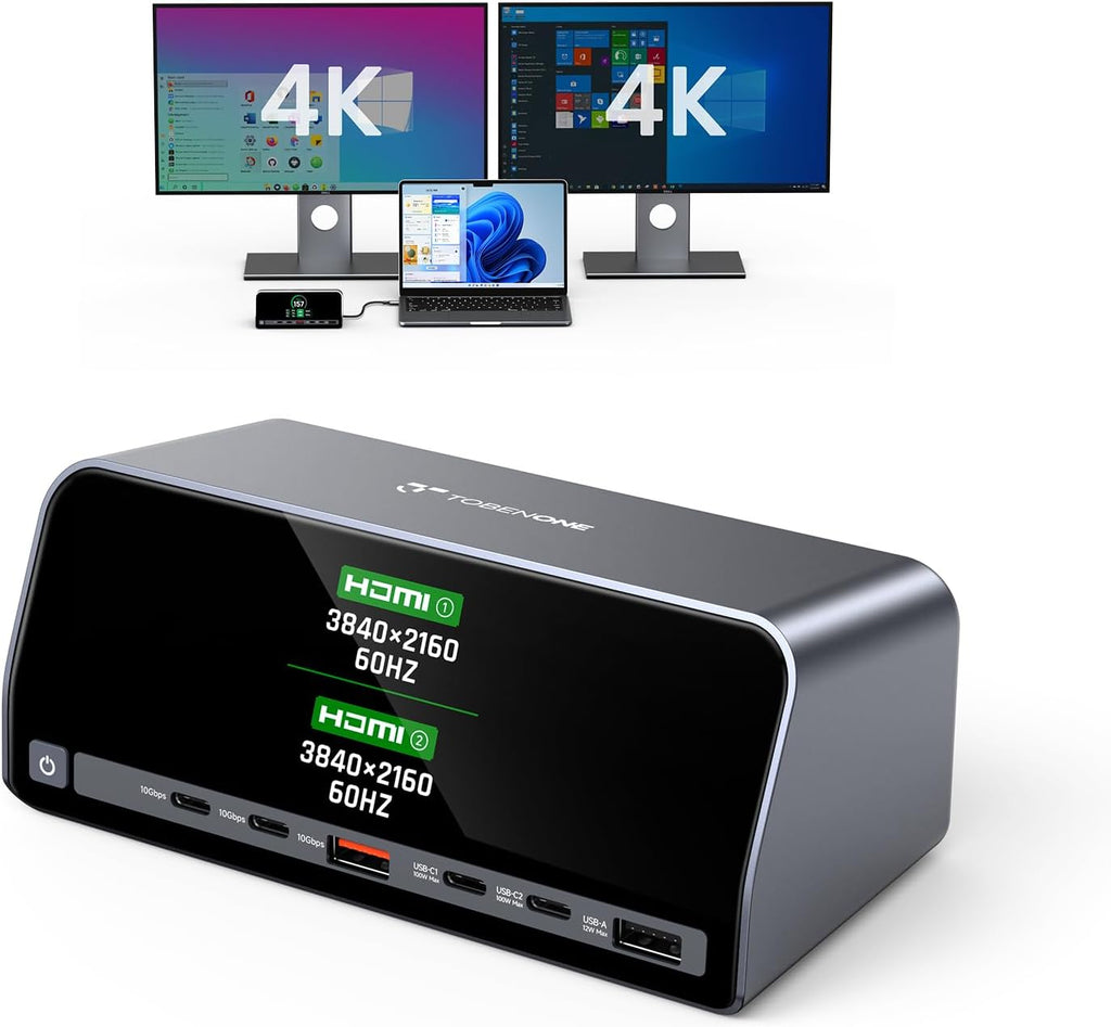 TobenONE - Estación de acoplamiento con monitor dual 4K para Windows, pantalla LCD GaN+ de 160 W