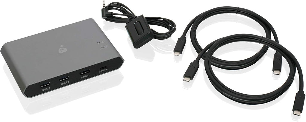 IOGEAR Conmutador USB-C de 2 puertos - Transfiere archivos entre PC y Mac OS X - 3 USB-A - 1 USB-C - Método de interruptor remoto - Mouse o tecla de acceso rápido - Indicador LED - Paso USB-C de 85 W - GUS4C2