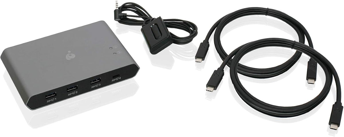 IOGEAR Conmutador USB-C de 2 puertos - Transfiere archivos entre PC y Mac OS X - 3 USB-A - 1 USB-C - Método de interruptor remoto - Mouse o tecla de acceso rápido - Indicador LED - Paso USB-C de 85 W - GUS4C2