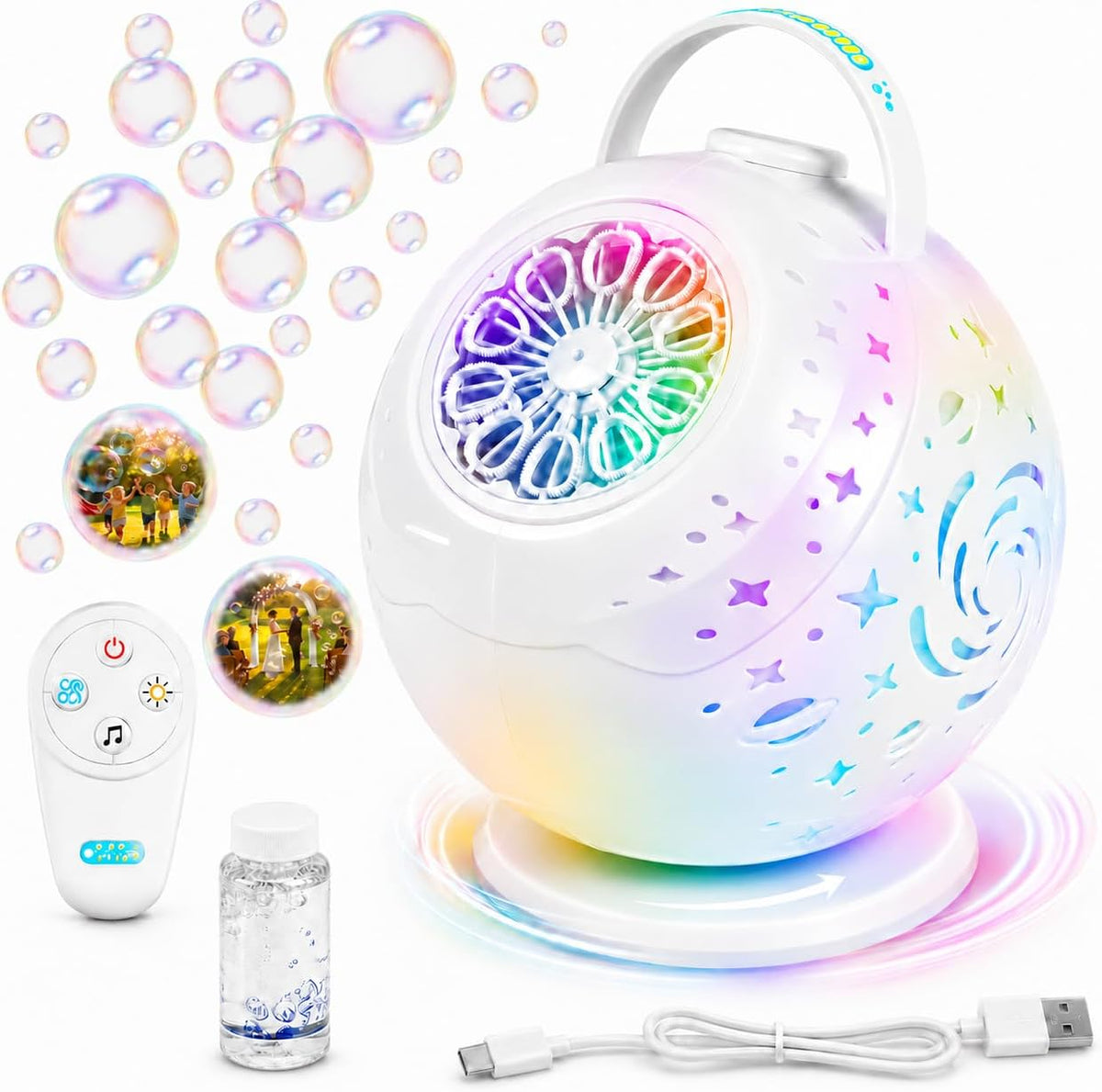 Máquina de burbujas recargable para niños con control remoto