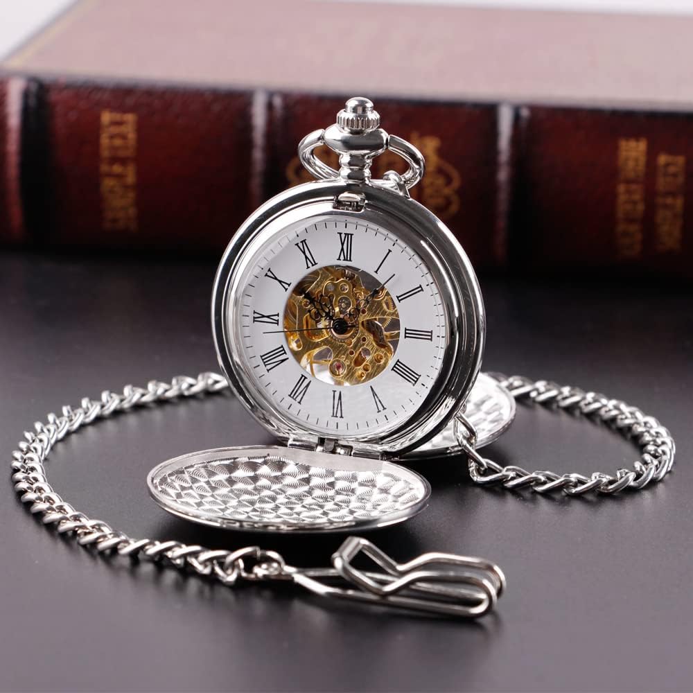Reloj de Bolsillo Mecánico Hunter de Doble Apertura Plateado y Liso para Hombre