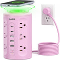 Regleta de alimentación con puertos USB, cable de extensión con múltiples salidas (12AC+3A+2C), estación de carga de torre de escritorio rosa de 6.5 pies para el hogar, oficina, dormitorio