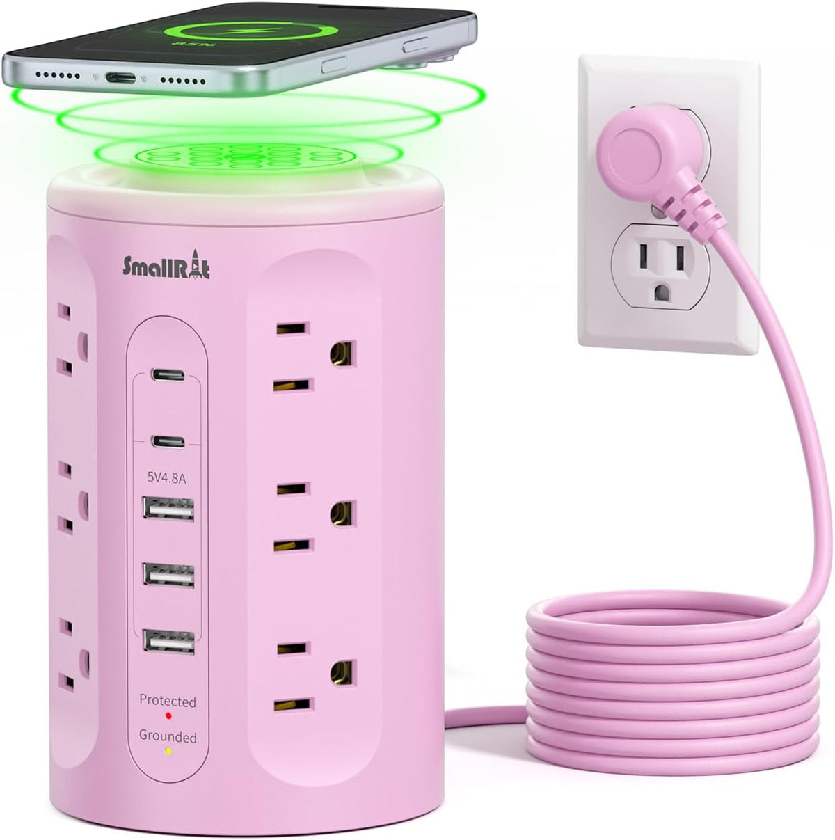 Regleta de alimentación con puertos USB, cable de extensión con múltiples salidas (12AC+3A+2C), estación de carga de torre de escritorio rosa de 6.5 pies para el hogar, oficina, dormitorio