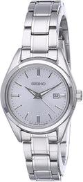 SEIKO SUR633 Reloj para mujer – Essentials – con caja de acero inoxidable y pulsera, esfera plateada de rayos solares, calendario de fecha y resistente al agua hasta 394.4 pies