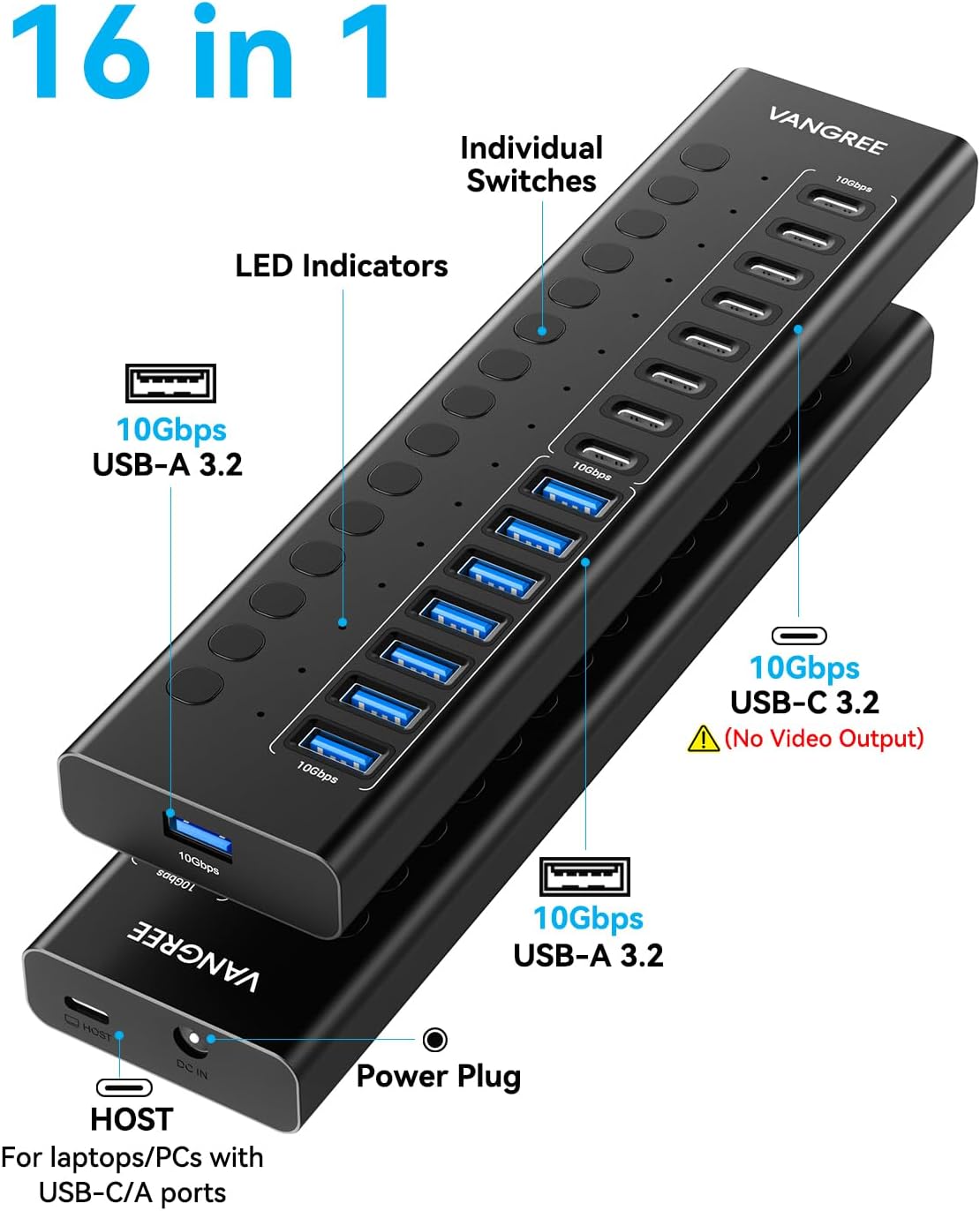VANGREE, MKI-1200800C8, hub USB 3.2 de 16 puertos, alimentado, adaptador 5V/1.5A