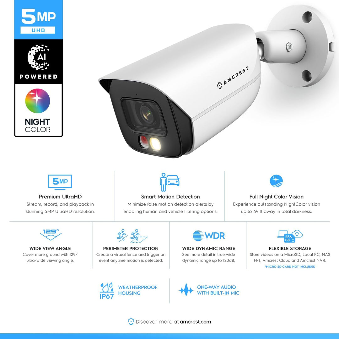 Amcrest Cámara IP PoE AI de 5MP con visión nocturna a color de 49 p...
