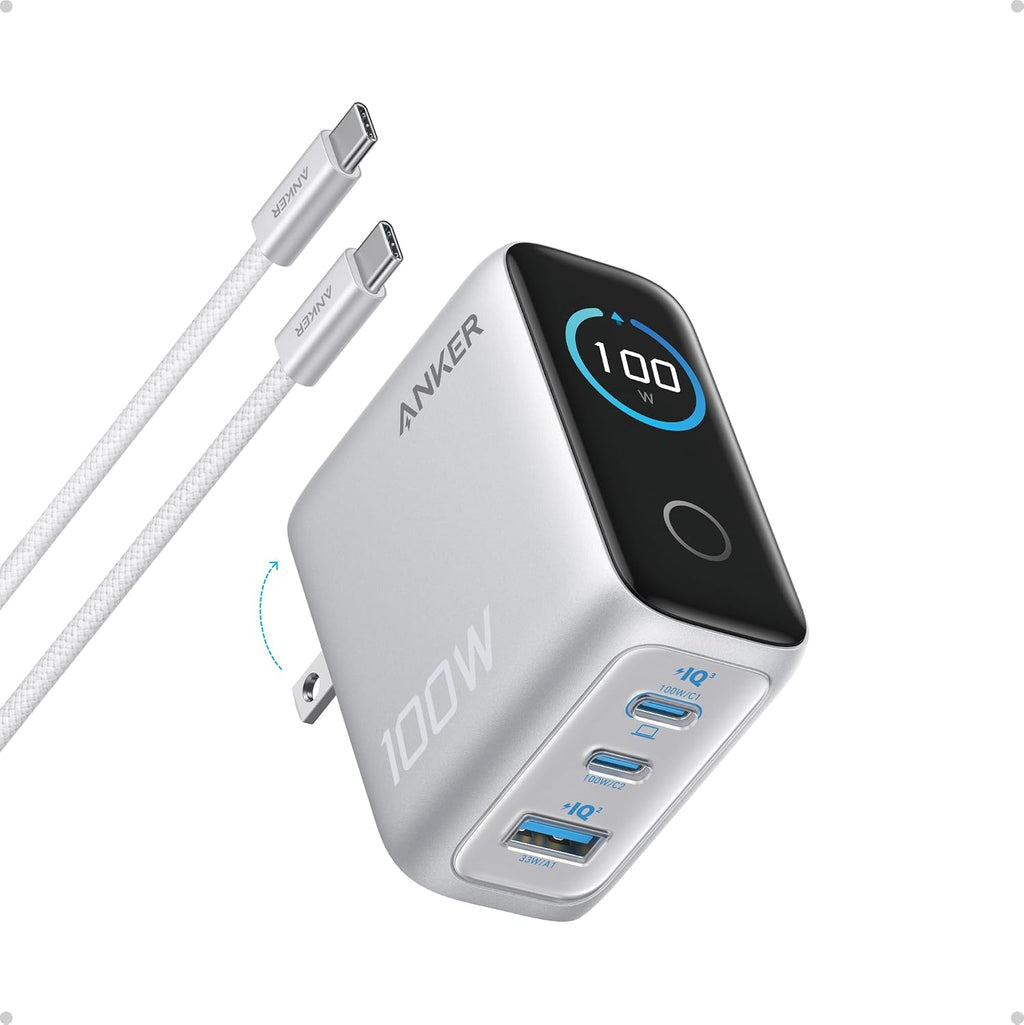 Anker - Cargador USB C de 100 W, cargador de teléfono GaN de 3 puertos con pantalla inteligente