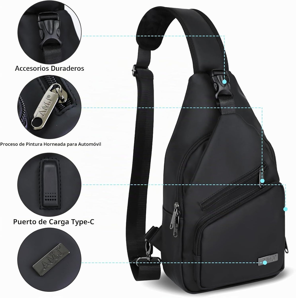 Mochila cruzada pequeña, bandolera de hombro, de cuero, color negro