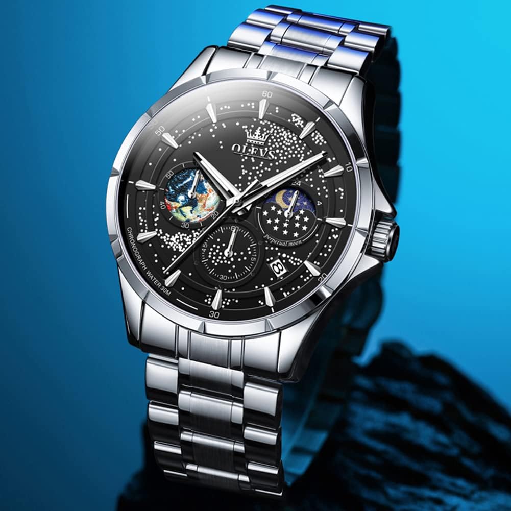 Reloj para Hombre OLEVS Esfera Cielo Estrellado Fase Lunar Lujo Negocios Analógico Cuarzo Clásico Casual Fecha Resistente al Agua Luminoso