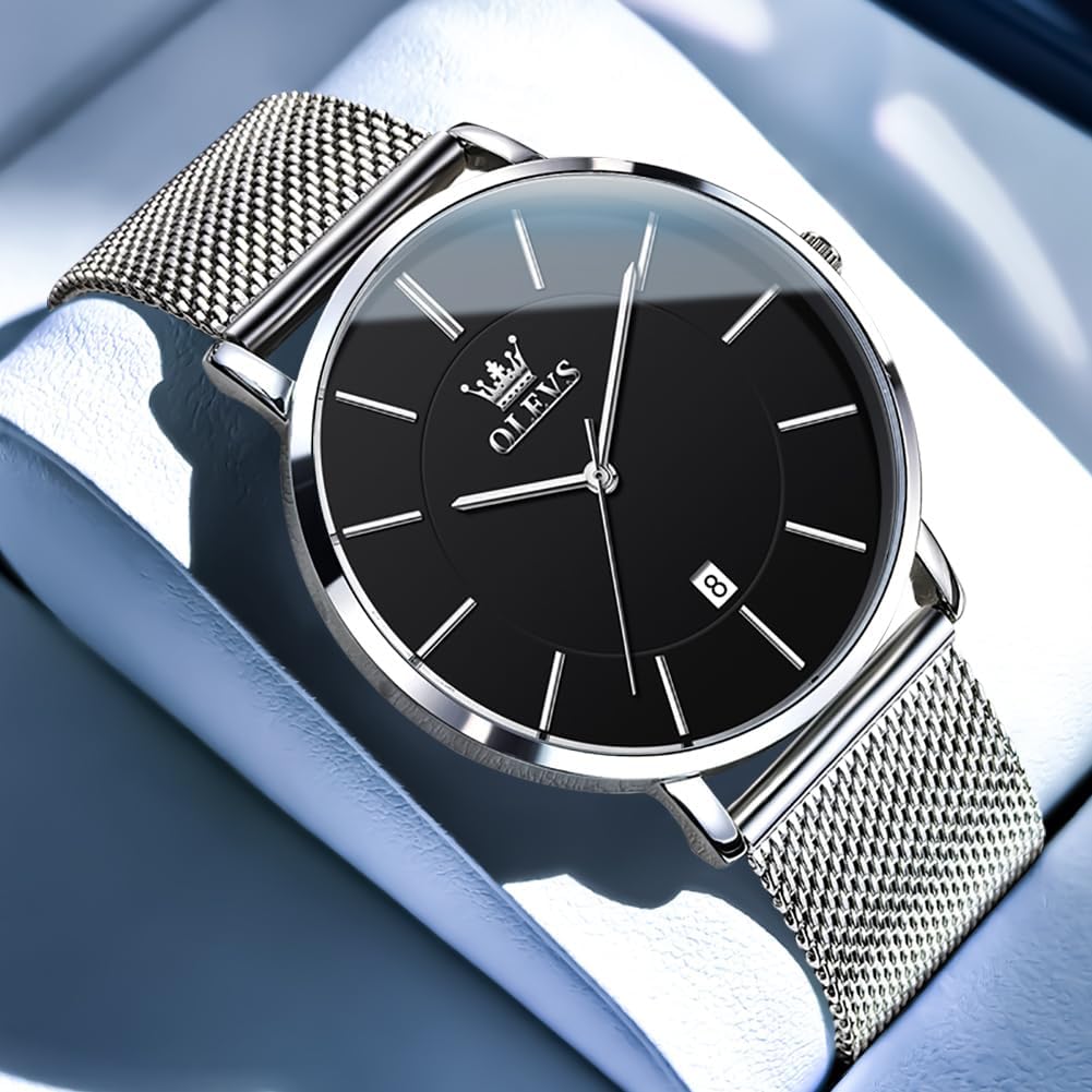 OLEVS Relojes de Hombre de Cuero Negro Ultrafinos 6.5 mm Minimalista Vestir Simple Moda Casual Resistente al Agua con Fecha