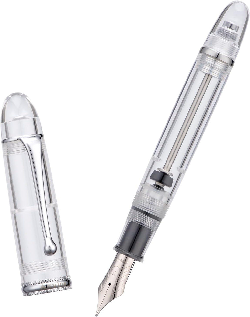 Asvine V800 - Pluma estilográfica, sistema de llenado al vacío con gran capacidad de tinta, punta media lisa número 8 con estuche de regalo y llave, acrílico plateado transparente