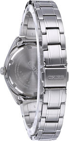SEIKO SUR633 Reloj para mujer – Essentials – con caja de acero inoxidable y pulsera, esfera plateada de rayos solares, calendario de fecha y resistente al agua hasta 394.4 pies