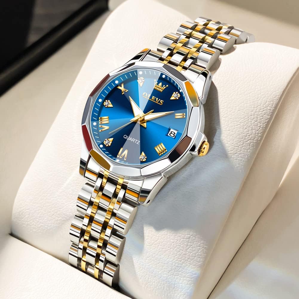 OLEVS Reloj Analógico de Cuarzo para Mujer, Acero Inoxidable Plateado de Dos Tonos, Moda, Resistente al Agua, Luminoso, con Fecha y Día, Relojes de Pulsera para Damas
