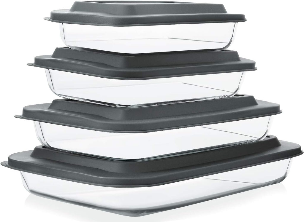 Juego de 8 platos para hornear de vidrio profundo con tapas de plástico, juego de utensilios rectangulares de vidrio con tapas, moldes para hornear para lasaña, sobras, cocina, congelador a horno y