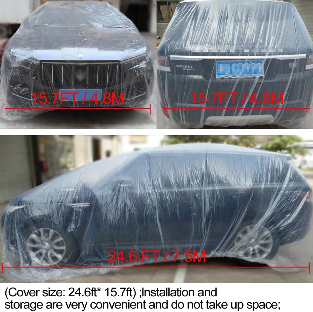 4 paquetes de fundas desechables de plástico transparente para automóvil, cubierta universal de lluvia y polvo para garaje con banda elástica, mediana (15.7 pies x 24.6 pies)