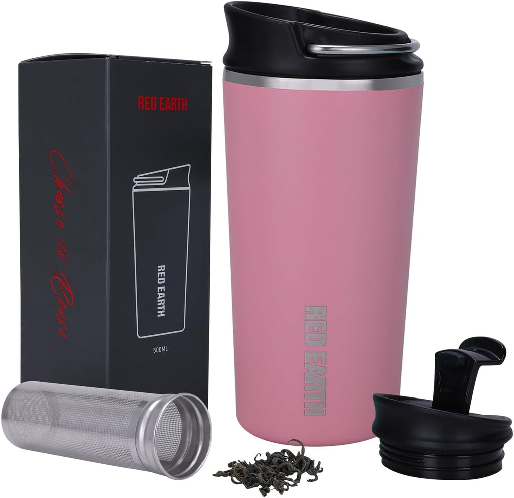 GiNT - Taza de té de viaje de 17 onzas con infusor, 2 tapas. Taza de café de acero inoxidable 316 aislada al vacío. Taza de té apta para lavavajillas con colador para café caliente y frío (rosa)