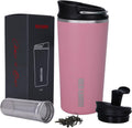 GiNT - Taza de té de viaje de 17 onzas con infusor, 2 tapas. Taza de café de acero inoxidable 316 aislada al vacío. Taza de té apta para lavavajillas con colador para café caliente y frío (rosa)