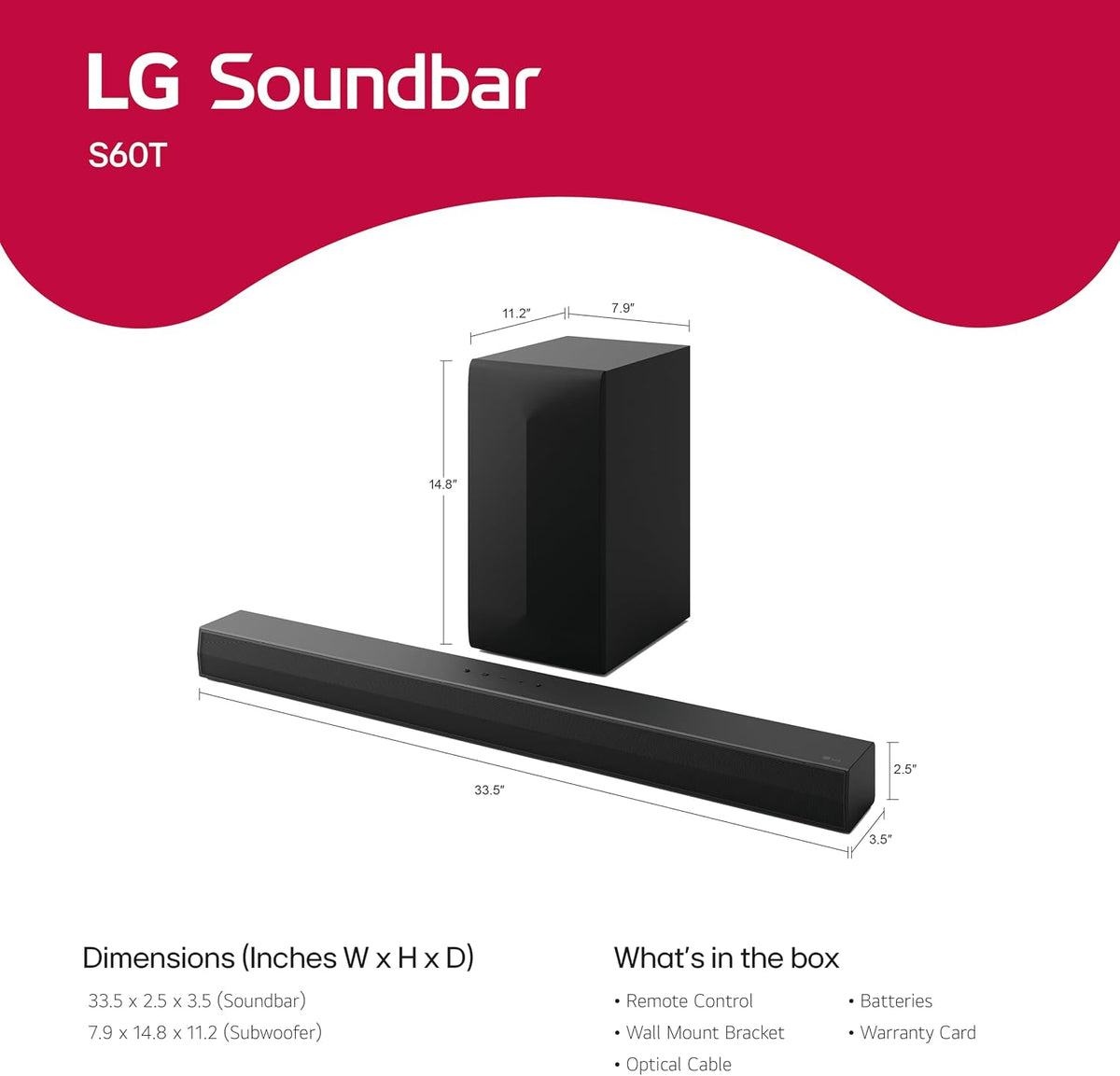 LG S60T 3.1 ch. Barra de sonido con subwoofer inalámbrico, Dolby Audio, Sinergia de TV, interfaz Wow, sonido AI Pro - Negro