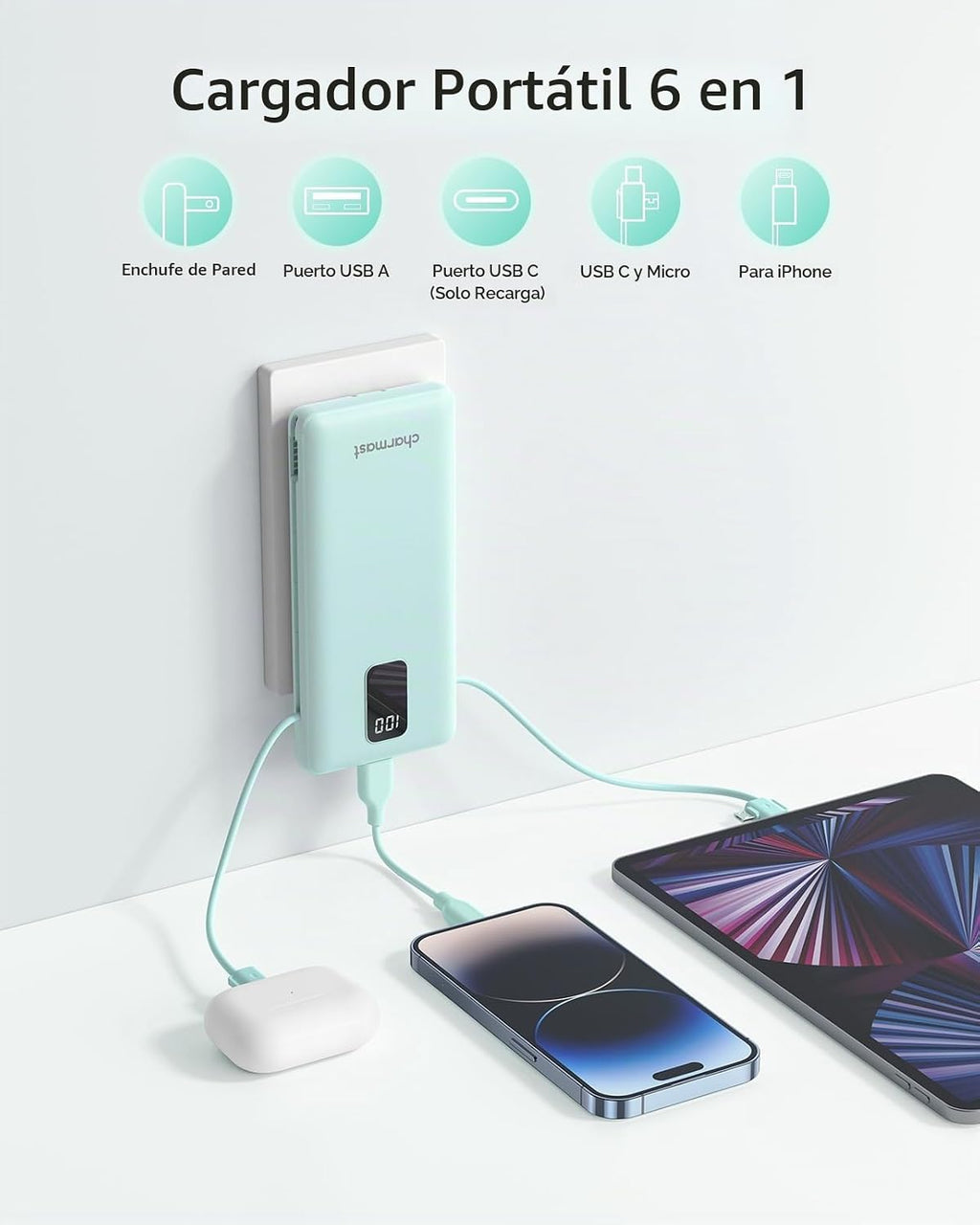 charmast Banco portátil 10000mAh del poder del cargador con el enchufe