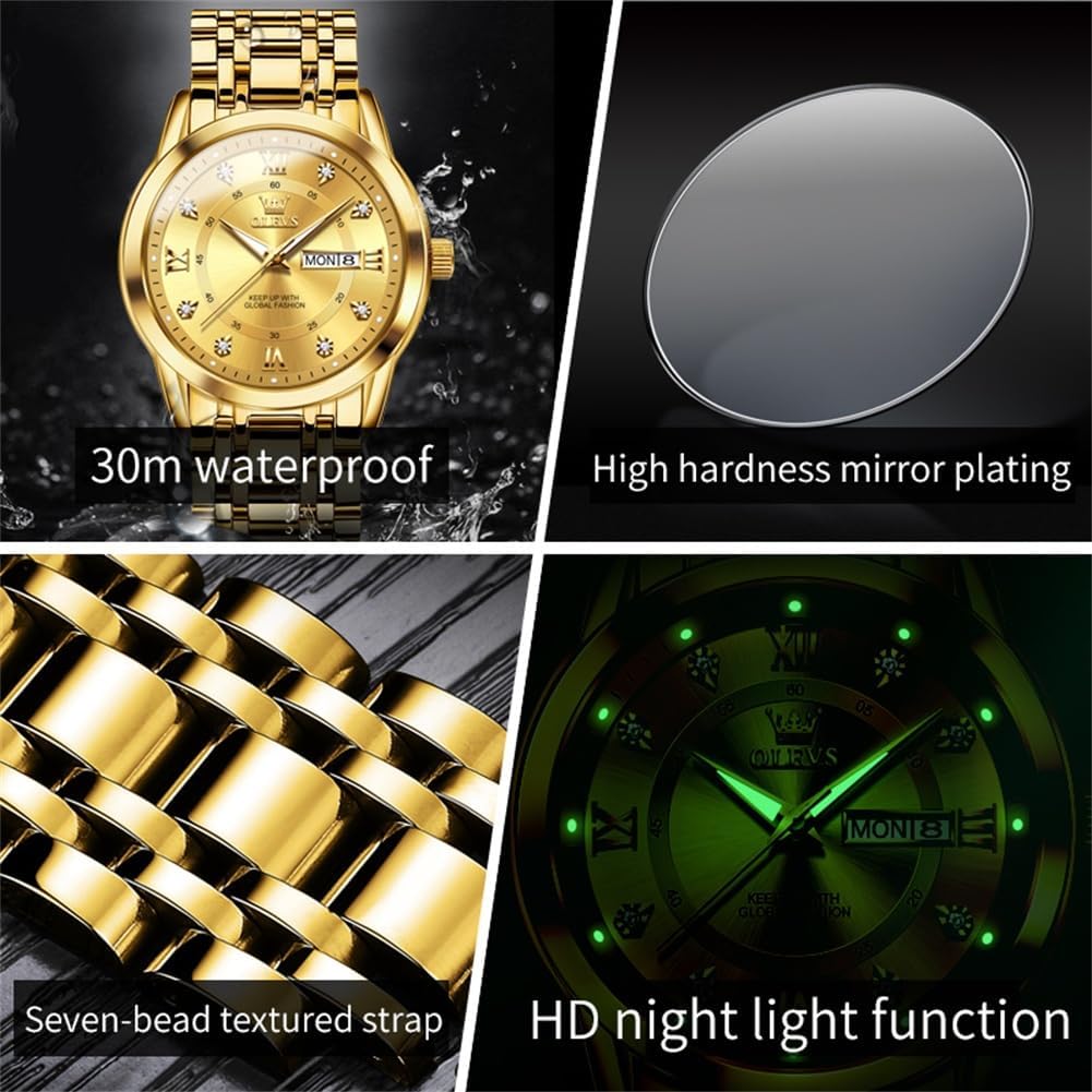 OLEVS Reloj de lujo para hombre de gran esfera con acero inoxidable y pulsera dorada, con día y fecha