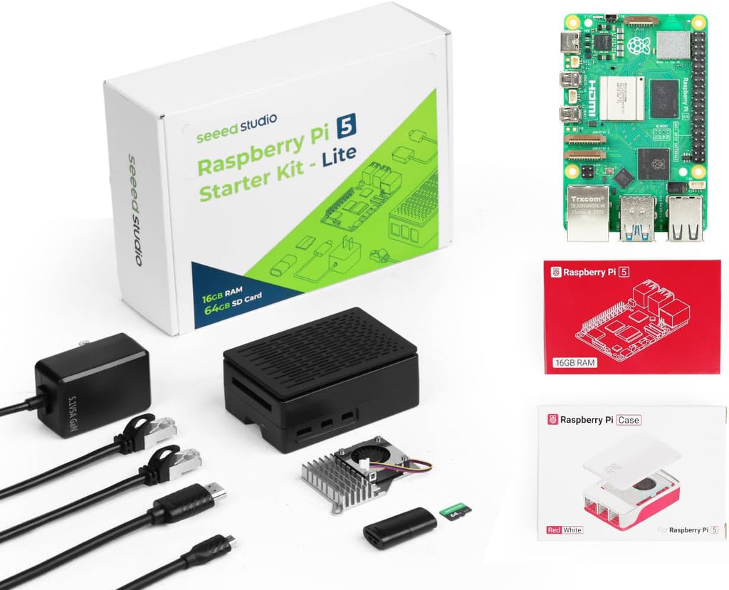 Seeed Studio Raspberry Pi 5 Starter Kit - 16 GB de RAM, tarjeta microSD de 64 GB precargada de 64 bits, fuente de alimentación USB-C, estuche con refrigeración activa para Edge AI, Docker y estación