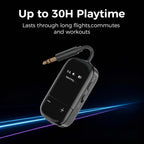 Transmisor de audio Bluetooth 5.3 para avión con Qualcomm aptX adaptativo, pantalla LCD, soporte de dispositivo doble, batería de 30 horas, AUX de 0.138 in para viajes, vuelo, gimnasio