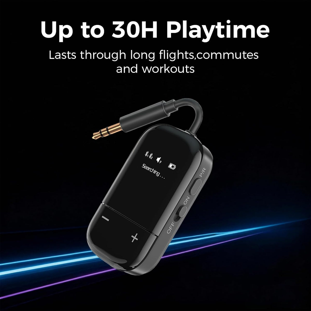Transmisor de audio Bluetooth 5.3 para avión con Qualcomm aptX adaptativo, pantalla LCD, soporte de dispositivo doble, batería de 30 horas, AUX de 0.138 in para viajes, vuelo, gimnasio