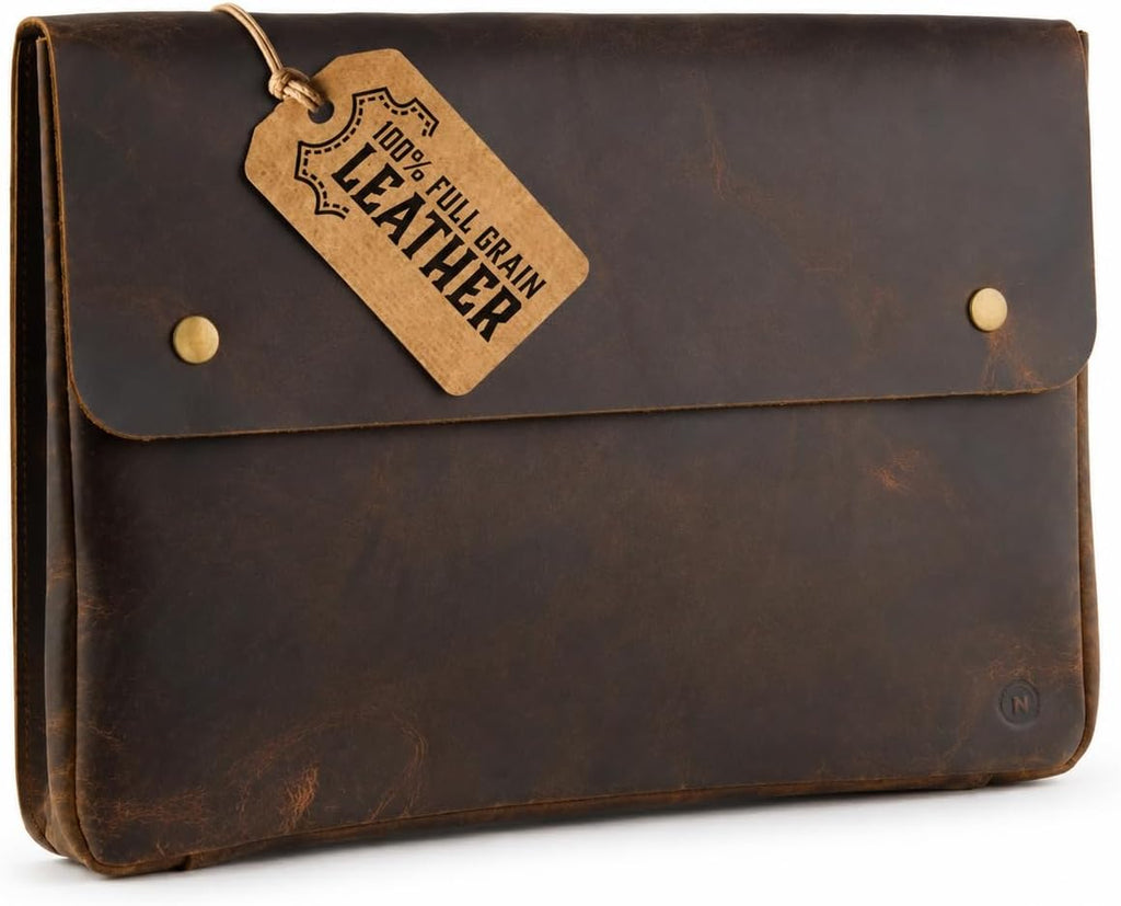 MOONSTER® - Bolsa de cuero para computadora portátil, funda de cartera, espaciosa, hecha a mano con diseño sin tirantes de cuero de búfalo de grano completo, perfecto para laptops, MacBook y tabletas de 13 pulgadas, 14 pulgadas y 15 pulgadas