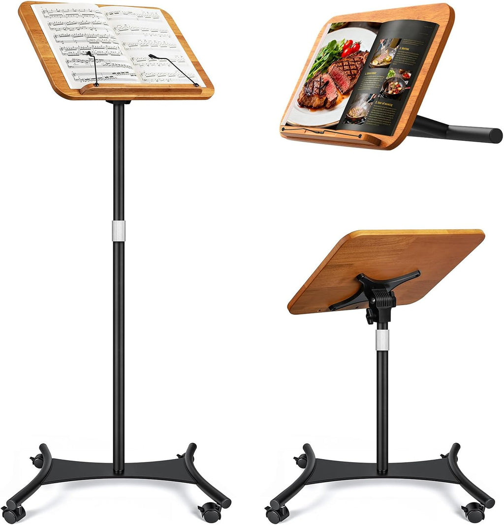 Soporte de música 2 en 1 de doble uso y soporte para libros de escritorio, altura ajustable de 16.5 a 51 pulgadas, 100% madera maciza para computadora portátil, soporte para libro con clips elásticos