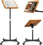 Soporte de música 2 en 1 de doble uso y soporte para libros de escritorio, altura ajustable de 16.5 a 51 pulgadas, 100% madera maciza para computadora portátil, soporte para libro con clips elásticos