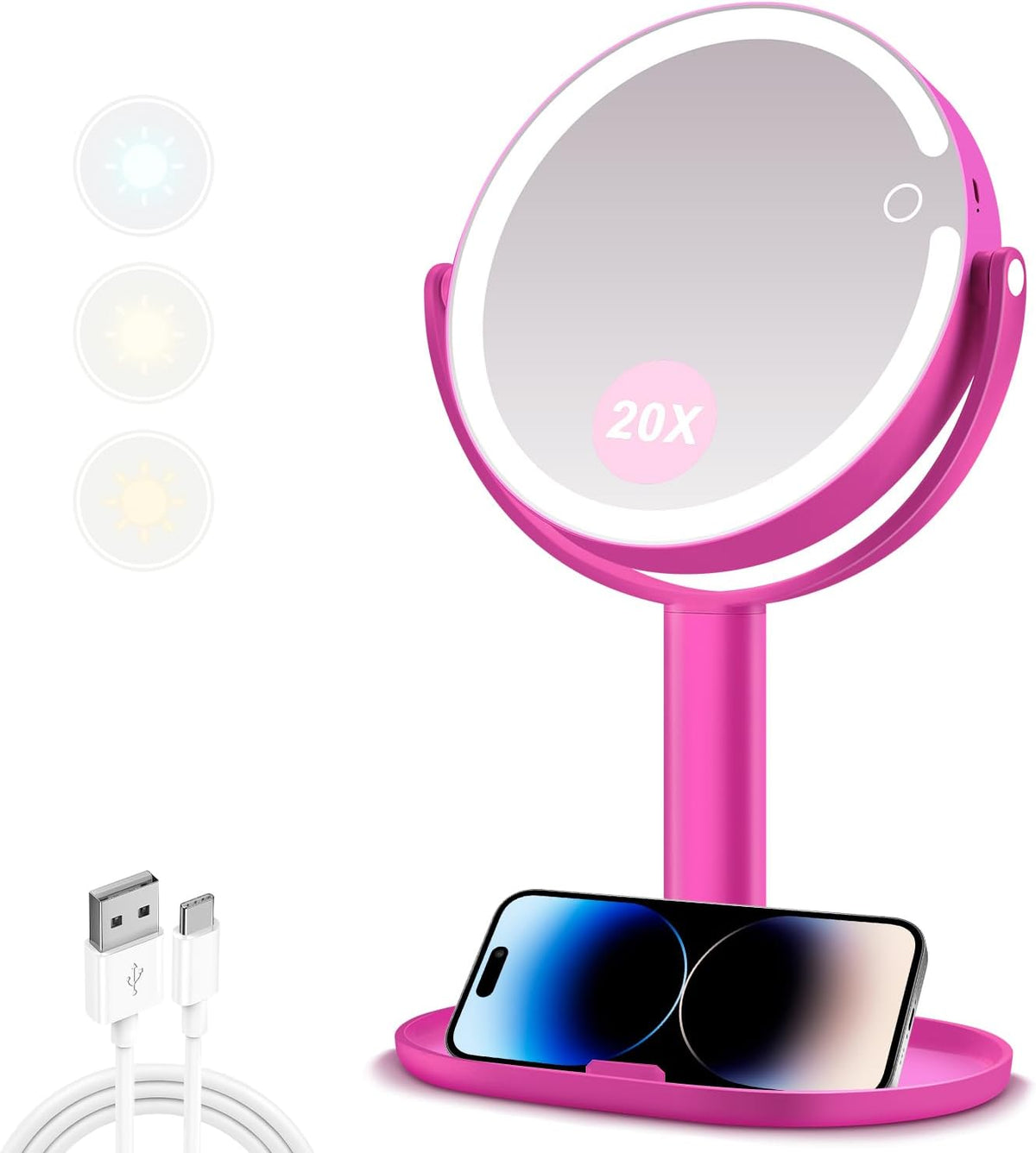 MIYADIVA Espejo de maquillaje con luces, espejo de aumento 20X con interruptor de luz e táctil, espejo de tocador de 2 lados con 3 colores y 80 LED, rosa intenso
