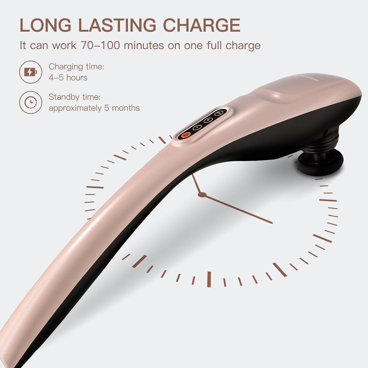 MEGAWISE Masajeador de espalda inalámbrico de mano con batería recargable de 3200 mAh, 5 velocidades y 5 + 2 nodos de masaje con nodos de silicona duros, medios y 2 suaves; masajea mientras te mueves