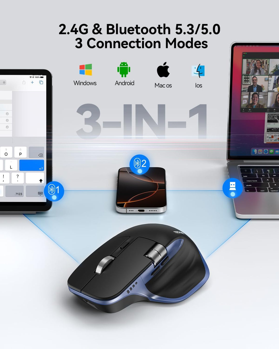 TECKNET Ratón inalámbrico, ratón Bluetooth (BT5.3\/5.0 y 2.4G) Rató...