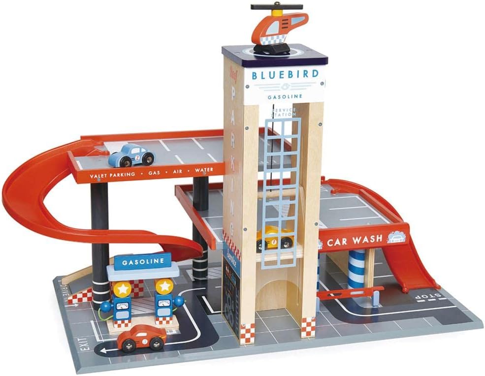 Tender Leaf Toys - Estación de servicio Blue Bird - Garaje clásico de madera y estación de servicio para automóviles y helicópteros con rampas, bombas de gasolina y centro de lavado de autos -
