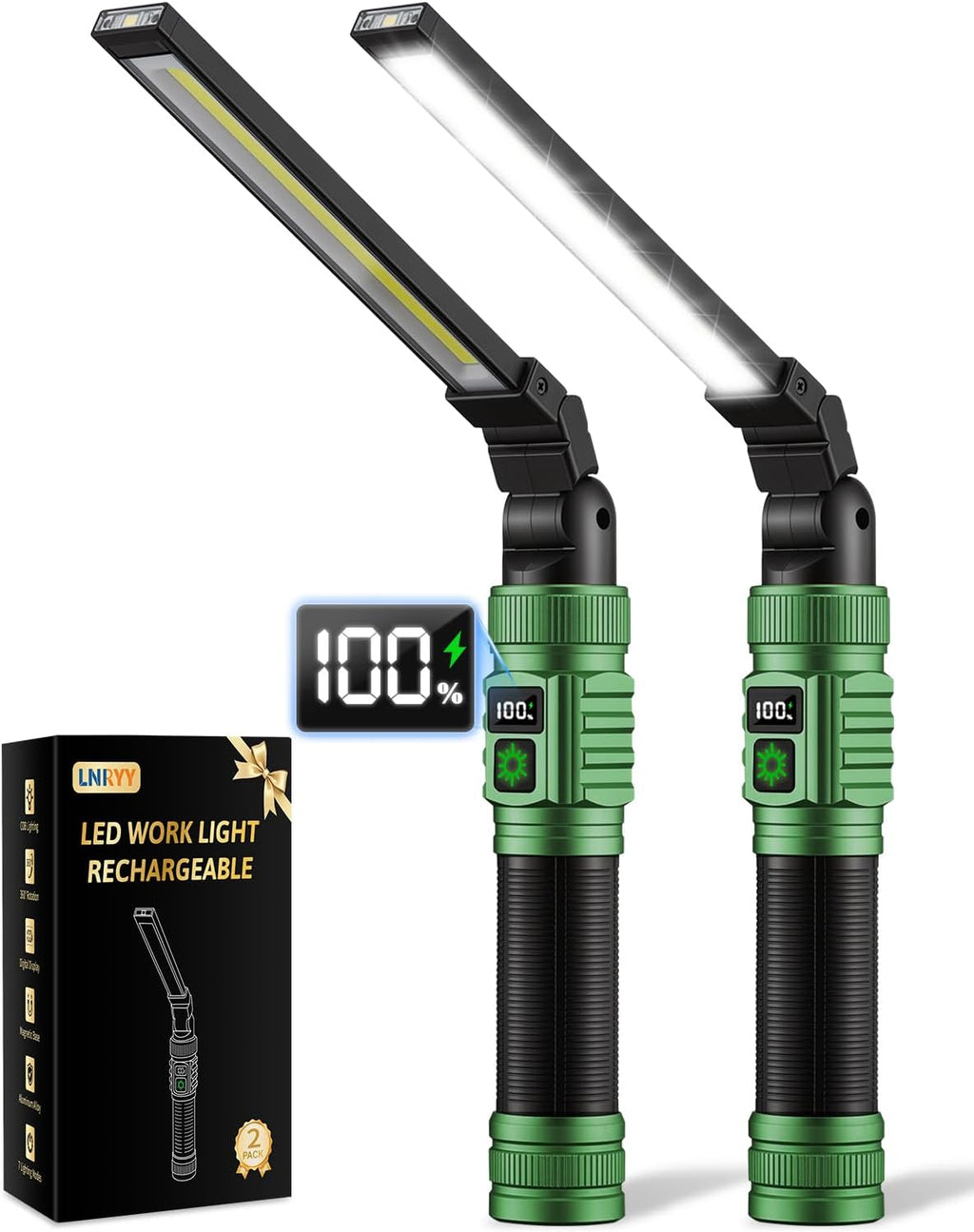 LNRYY Paquete de 2 luces de trabajo magnéticas, 1500 lúmenes altos y luz de trabajo LED recargable de aluminio, 7 modos y rotación de 360°, luz mecánica para reparación de automóviles, regalos del día