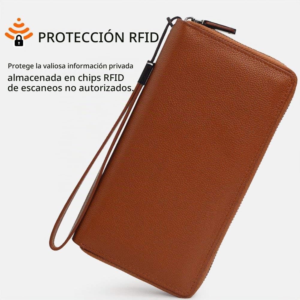Bveyzi Cartera de piel con bloqueo RFID para mujer, con cremallera alrededor del teléfono, embrague de gran capacidad, bolso de viaje para mujer