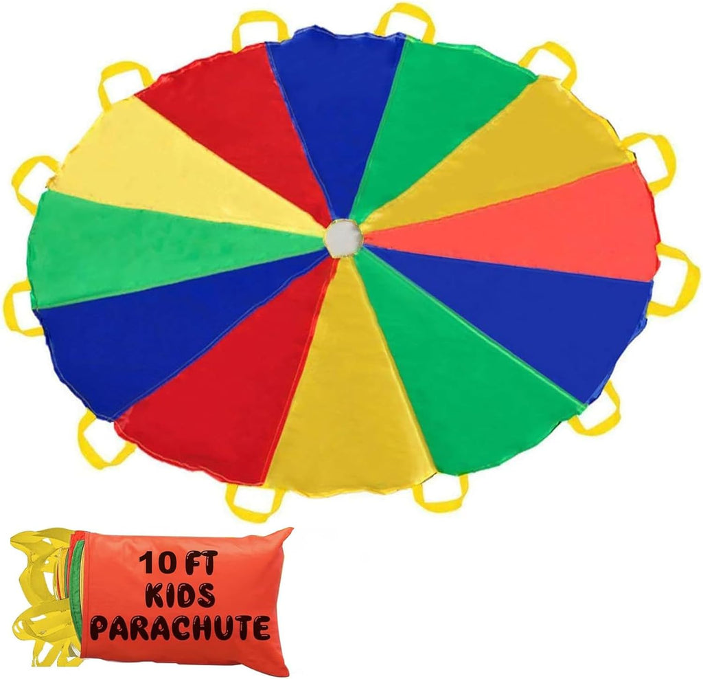 Paracaídas de 10 pies para niños con 12 asas para jugar paracaídas para 8 y 12 niños, tienda de campaña cooperativa, cumpleaños, adecuado para la escuela, al aire libre, campamento de