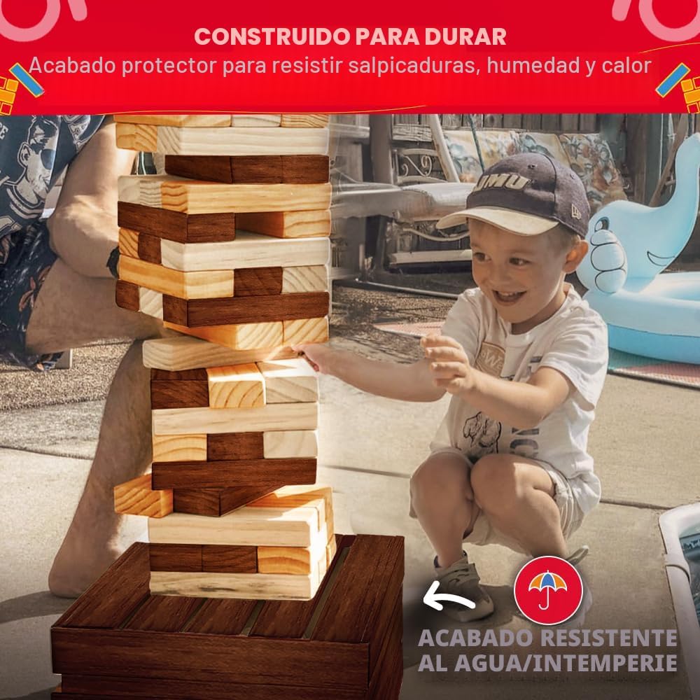 Swooc Games - Juego de torre gigante recuperada (resistente a la intemperie) 60 bloques + caja de almacenamiento/mesa de juego para exteriores | Se apila hasta 5 pies | Juegos gigantes al aire libre