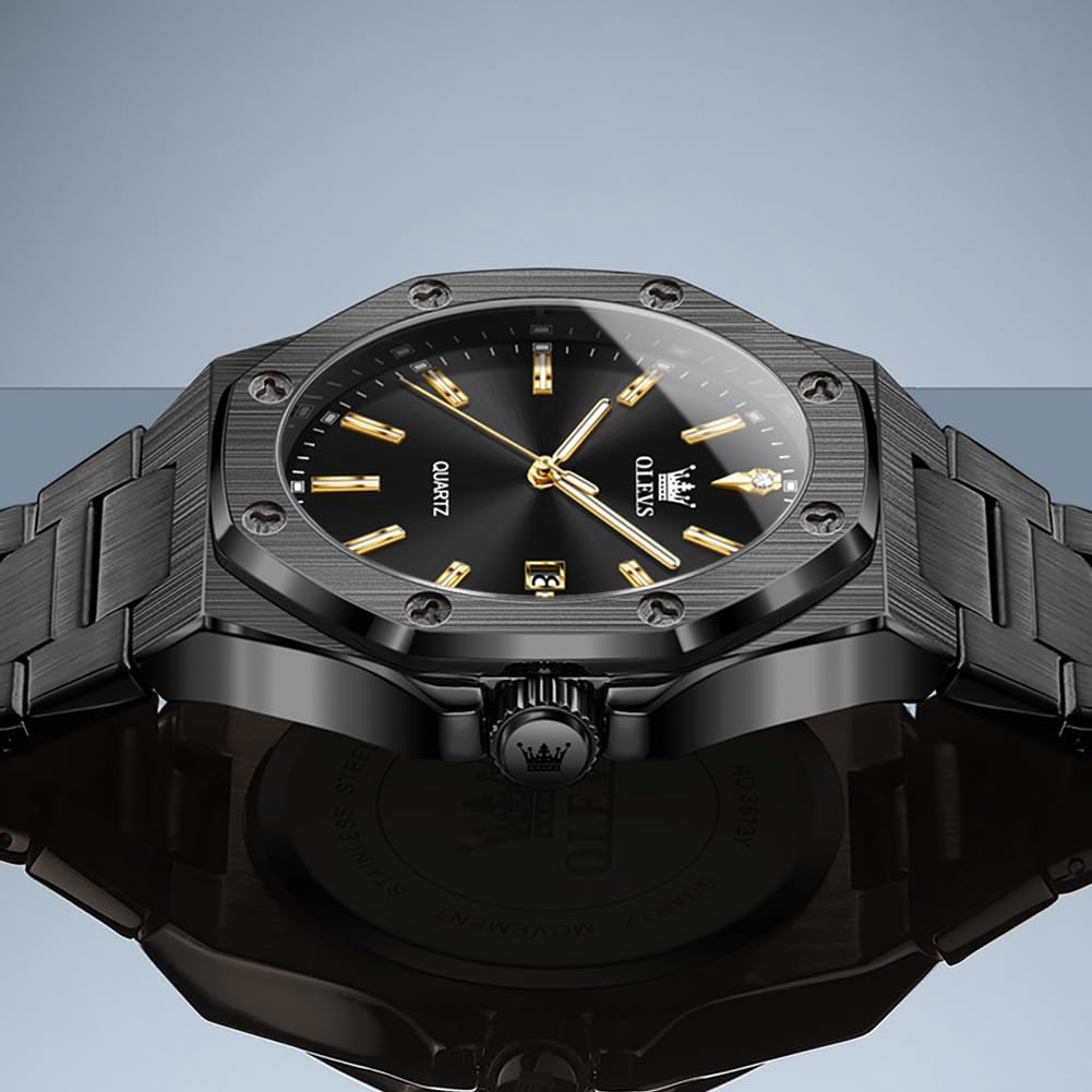 OLEVS Relojes para hombres de lujo octagonales en acero inoxidable de pulsera: reloj analógico de cuarzo de cara grande luminosa