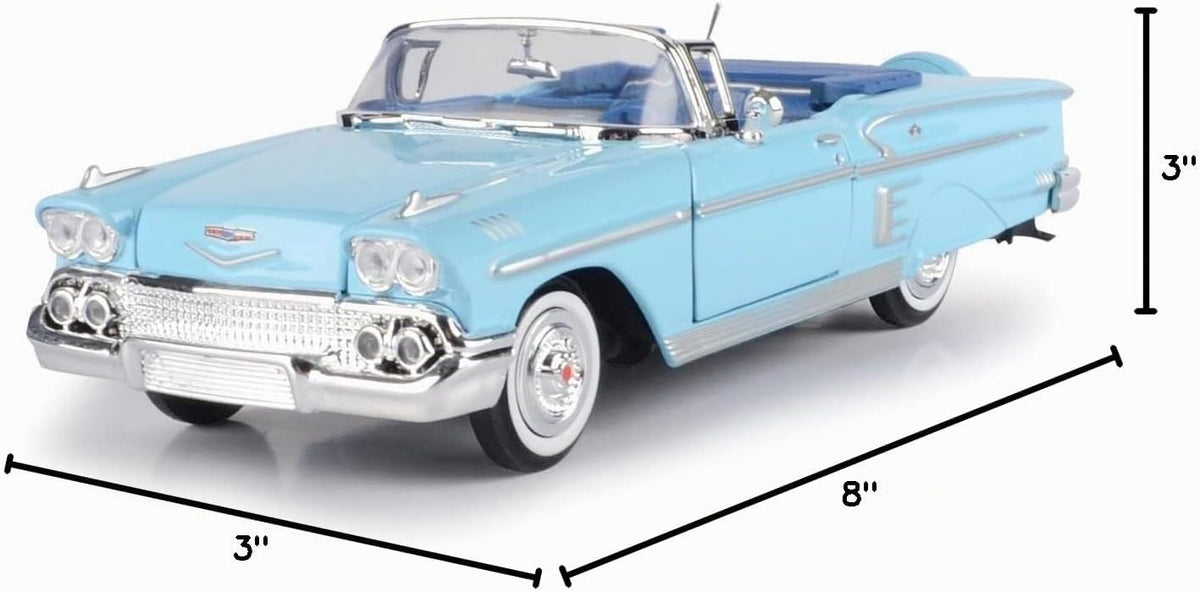 Chevrolet Impala Convertible 1958, azul - Motormax Premium American 73267 - Modelo de automóvil fundido a presión a escala 1/24, unisex, para niños