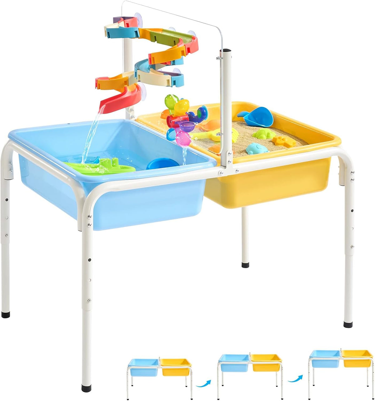 FUNLIO Mesa de agua para niños pequeños, mesa de agua y arena ajustable para niños de 3 a 6 años, mesa sensorial 4 en 1 para niños pequeños con 2 contenedores de almacenamiento, tablero acrílico y 16 piezas de accesorios, juego en interiores y exteriores