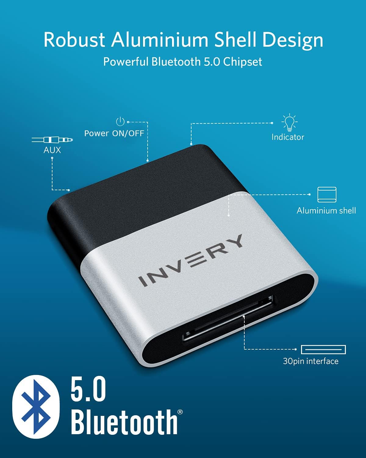 INVERY Receptor adaptador Bluetooth de 30 pines para Bose iPod iPhone